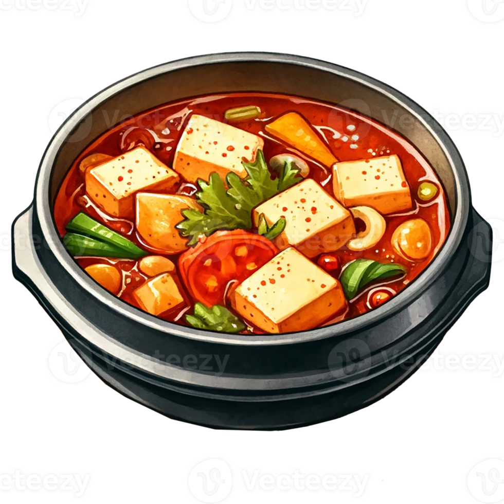 Watercolor illustration of Soondubu jjigae spicy soft tofu stew in a clay pot png