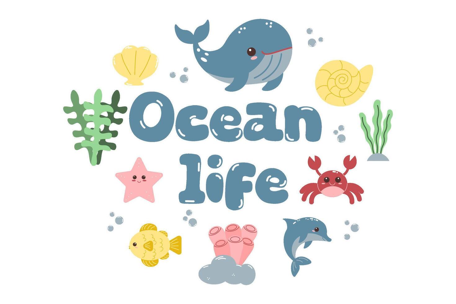 Set with Sea animals. cute set of marine life. vector