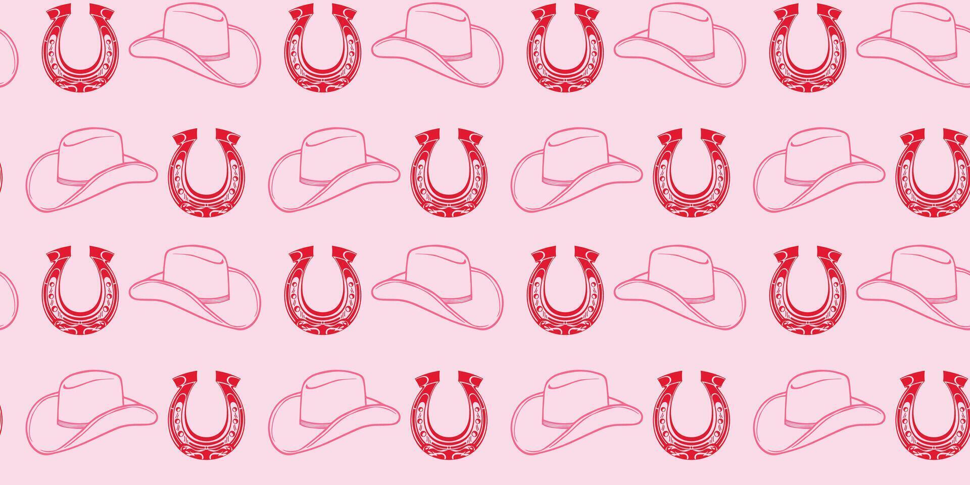 seamless pattern with cowboy hat and horseshoe. The wild west. pink background. vector