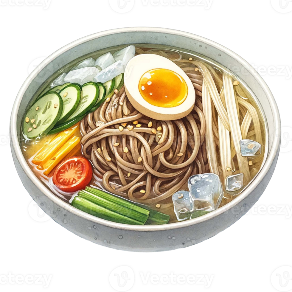 Watercolor illustration of Mul naengmyeon cold buckwheat noodles in a bowl with broth. png