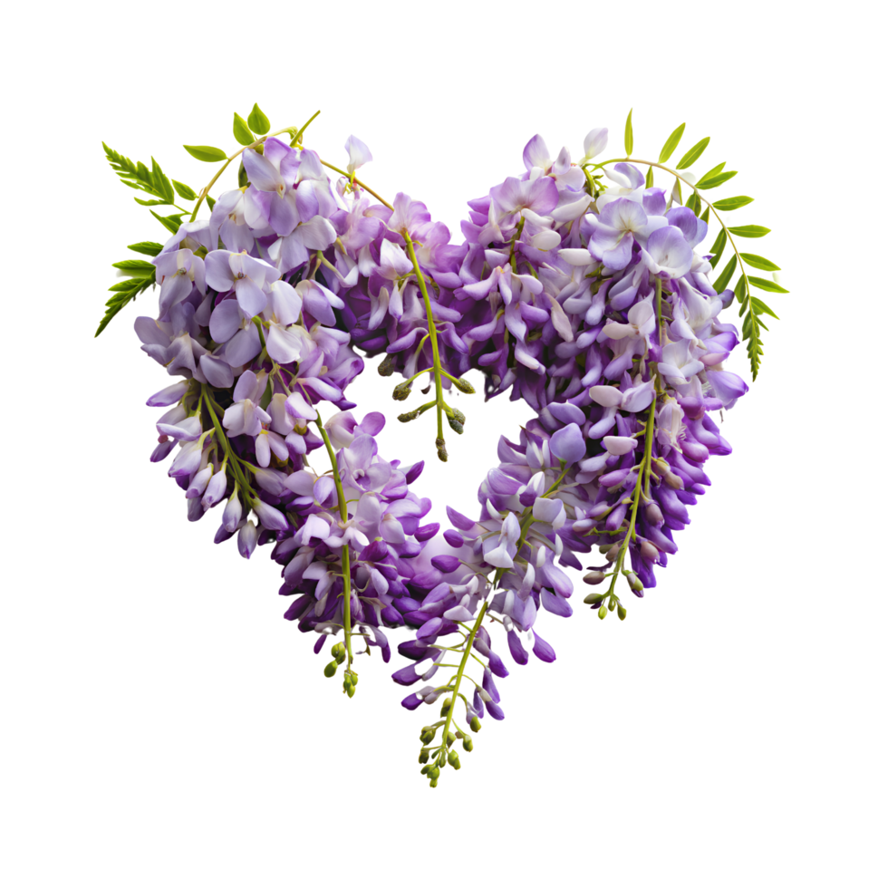 Wisteria flowers arranged in the shape of a heart on a transparent background png