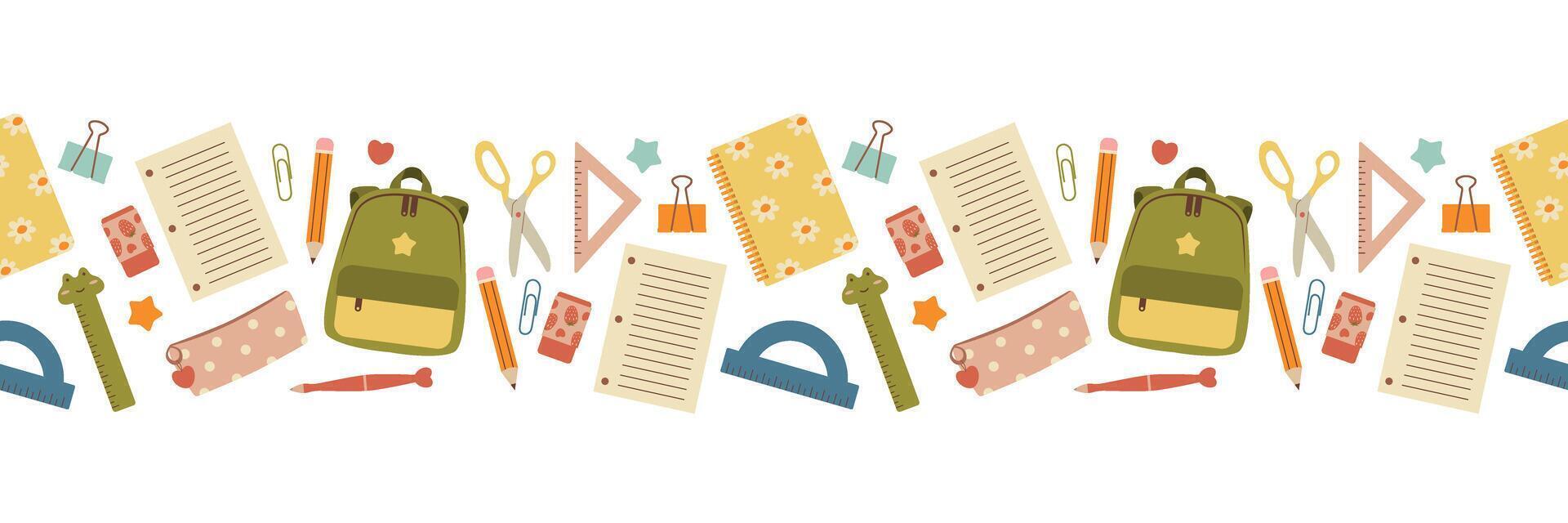 School seamless border. School stationery in clip art style. Back to school. Isolated illustration vector