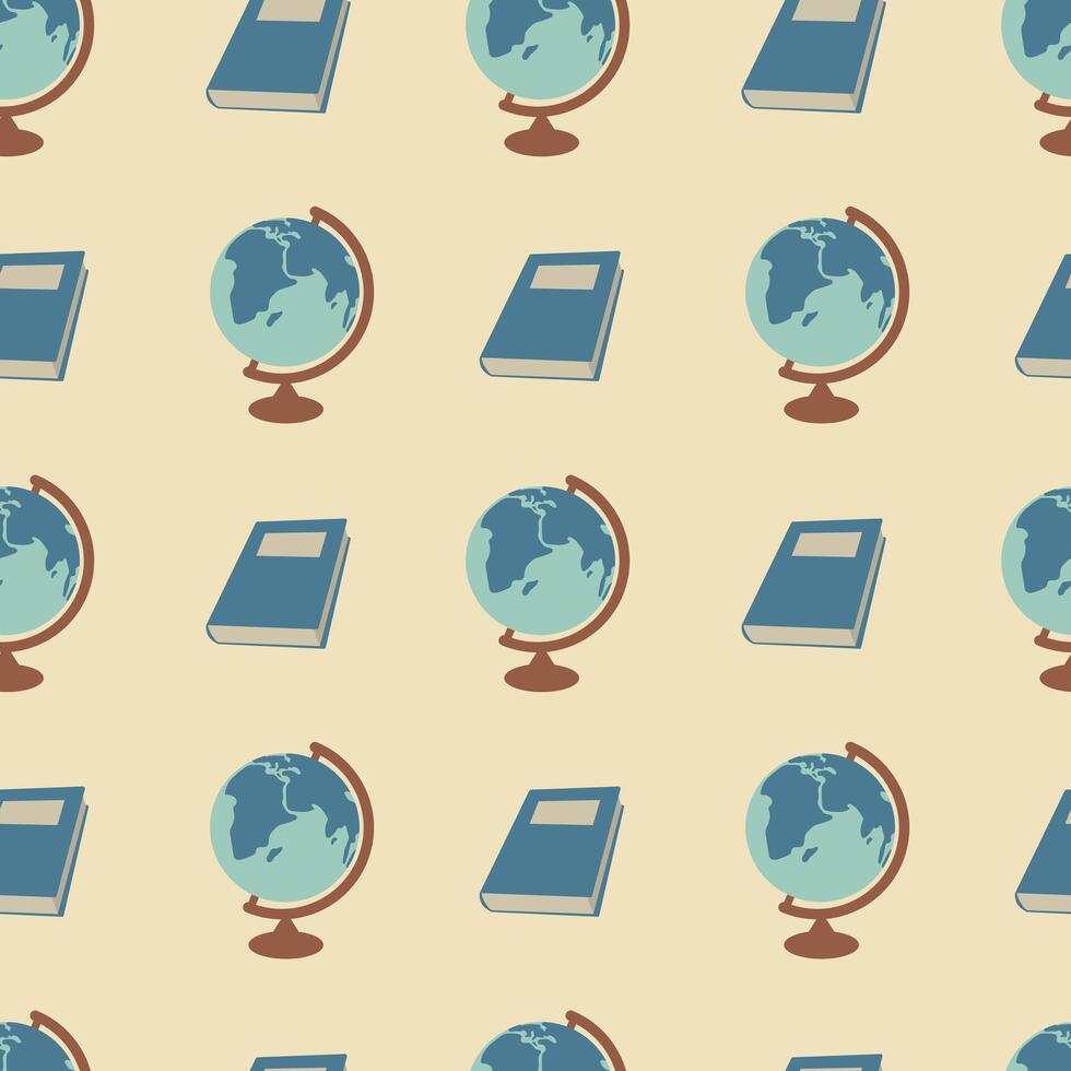 School seamless pattern. Globe and book on a beige background. illustration for background, packaging or cover vector