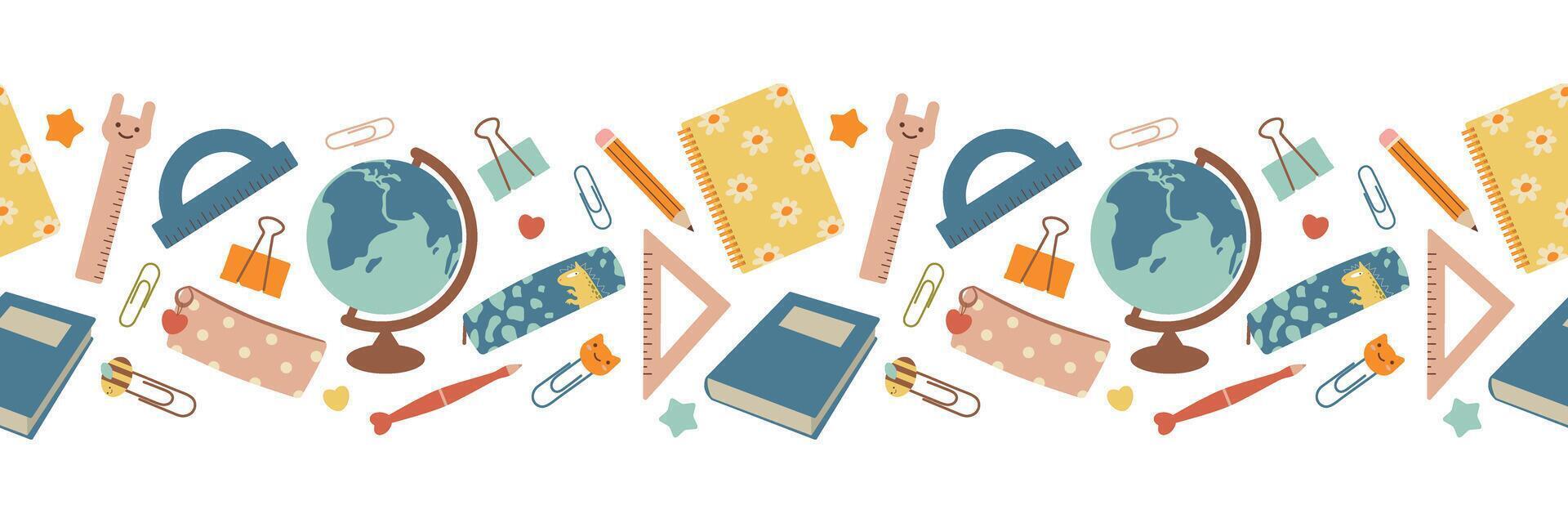 School seamless border. School stationery in clip art style. Back to school. Isolated illustration vector