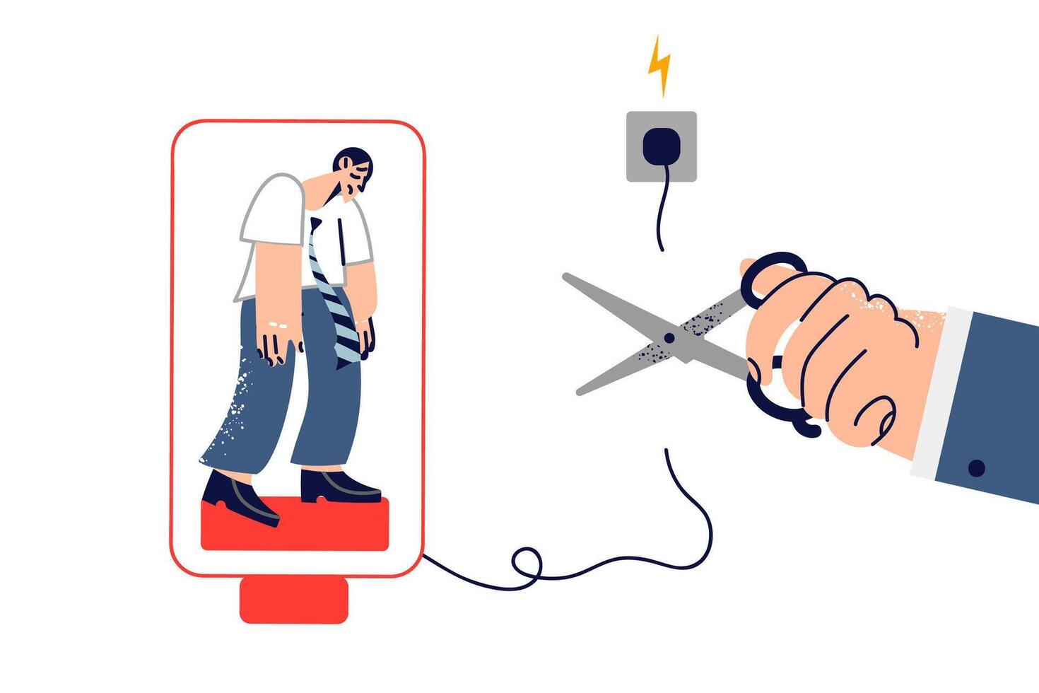 Burnout and lack of energy in business man standing near boss hand cutting wire to socket vector