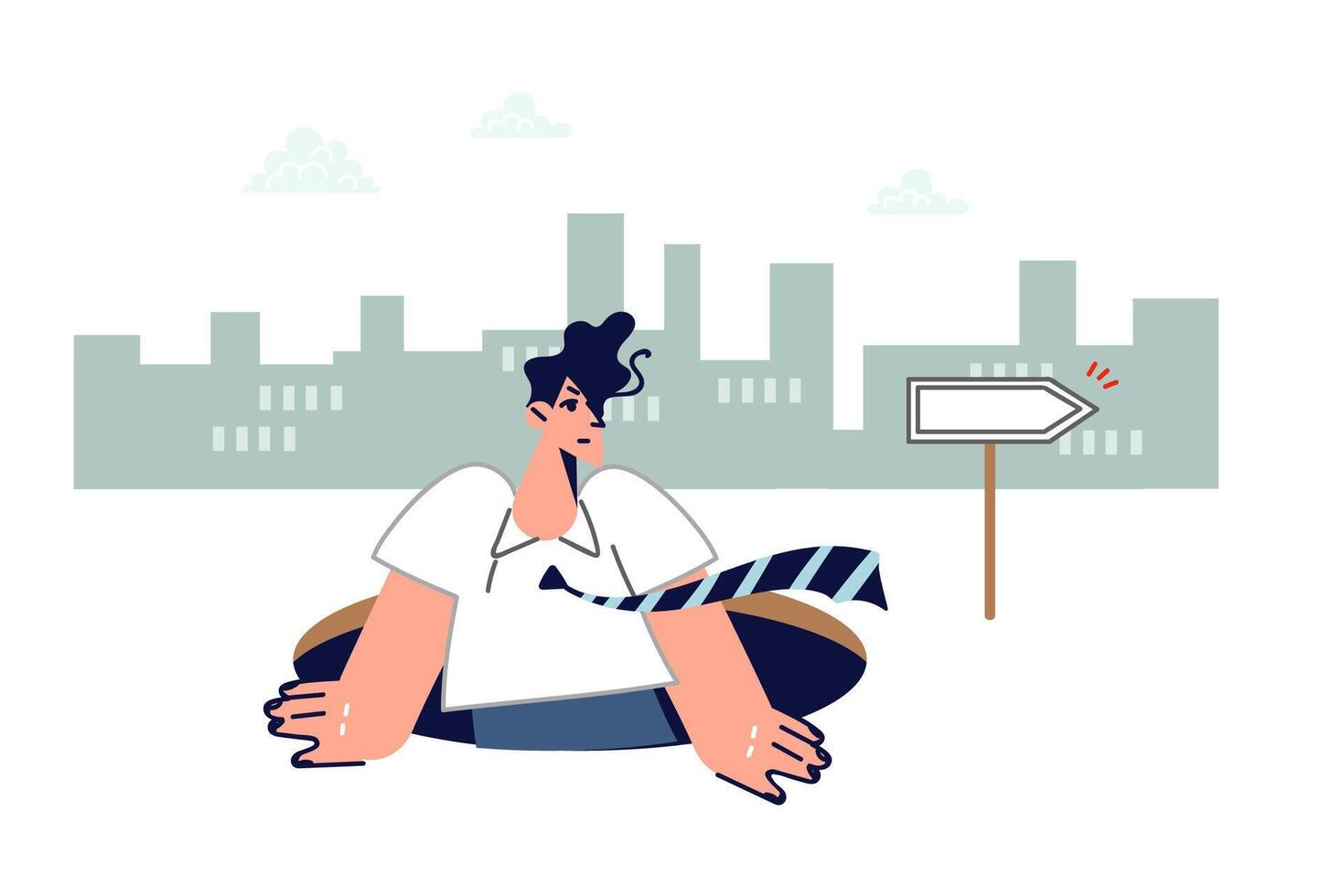 Businessman explores market by climbing out of hatch in ground and looking around vector