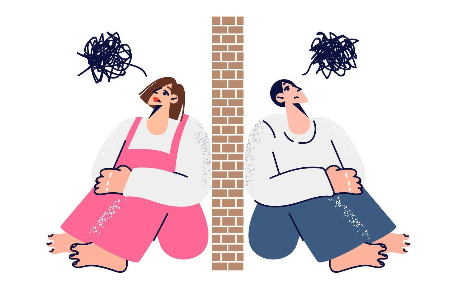 Quarrel between man and woman who sense obstacles in relationship, sitting on opposite sides of wall vector
