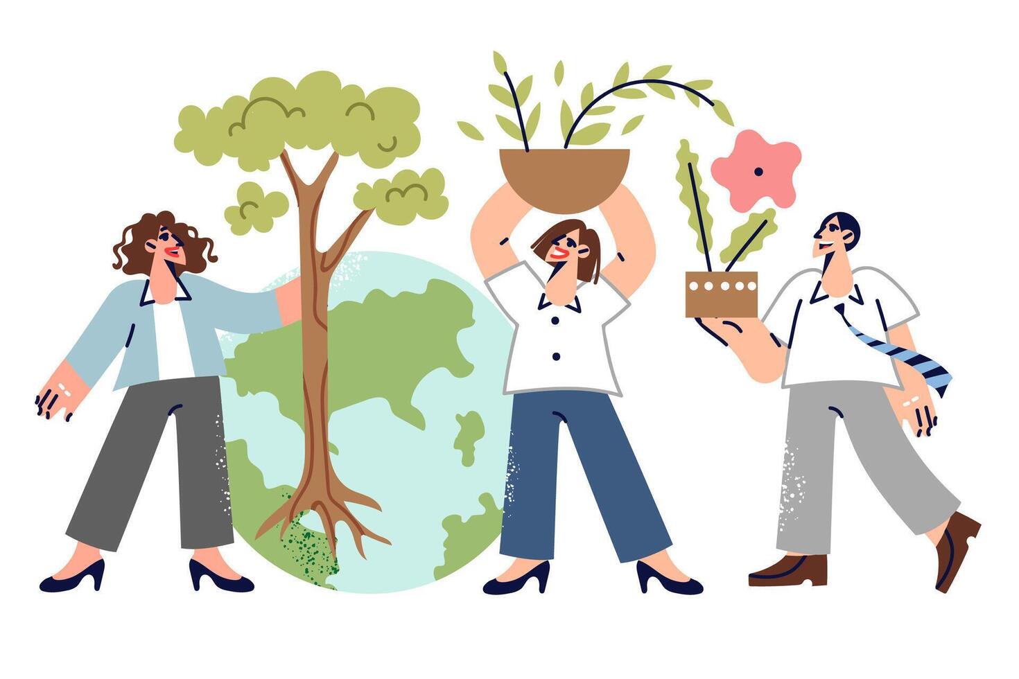 Eco activist people with trees and bushes, caring about nature, stand near globe vector