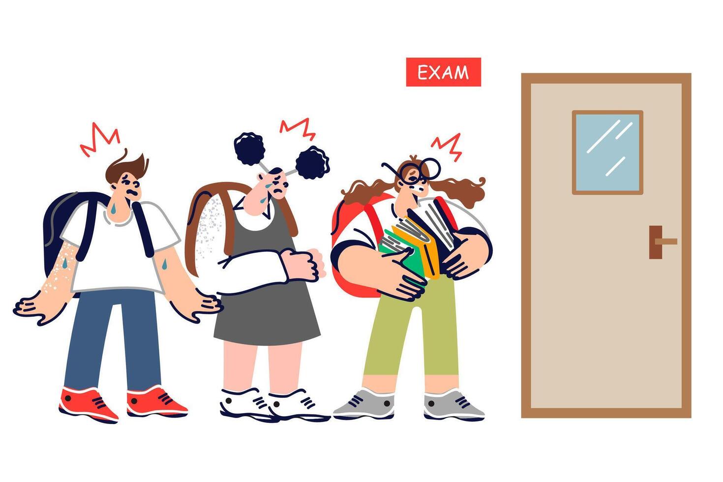 School children who came to exam stand in line near door, and cry or laugh while waiting vector