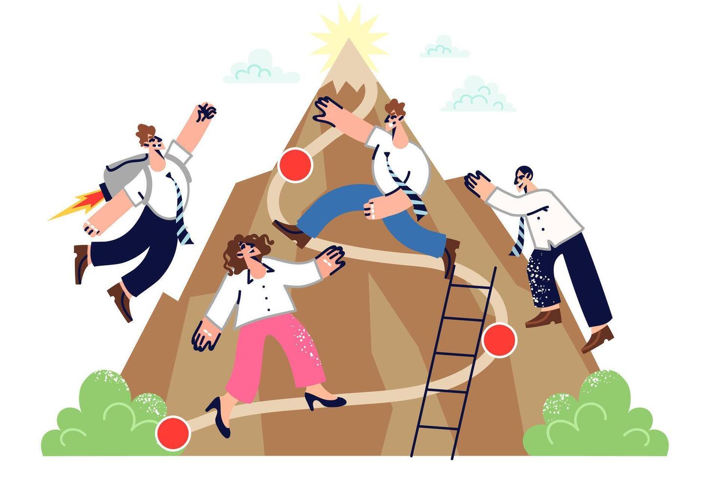 Business and career competition between people striving to reach top of mountain in different ways vector