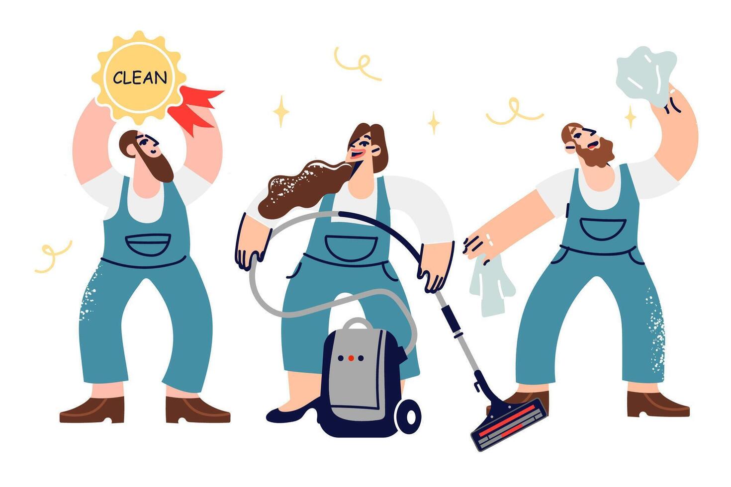 Team of maids arrived to clean apartment or office with own vacuum cleaner and rags to remove dirt vector