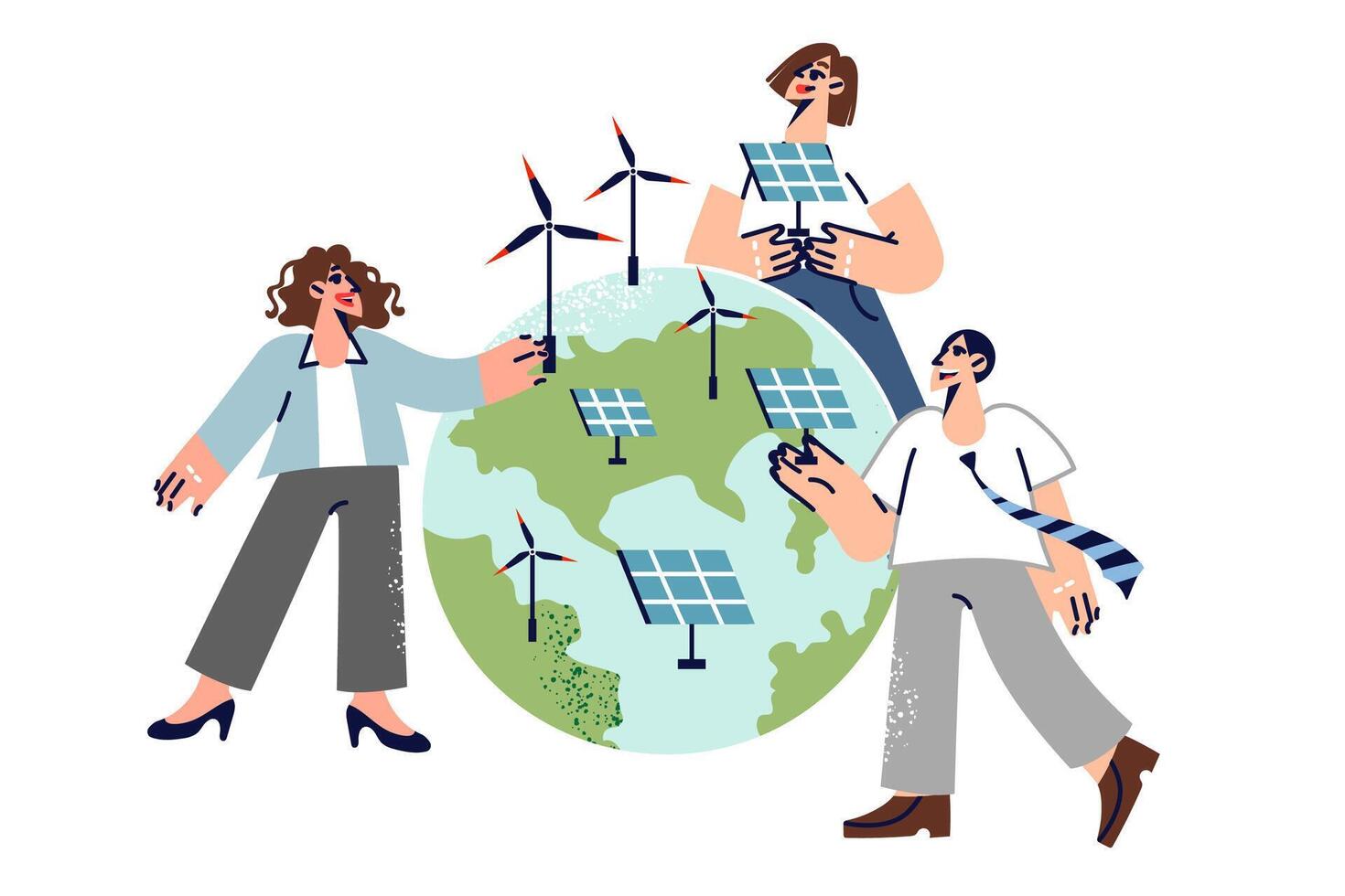 People developing alternative energy are installing windmills and solar panels on planet vector