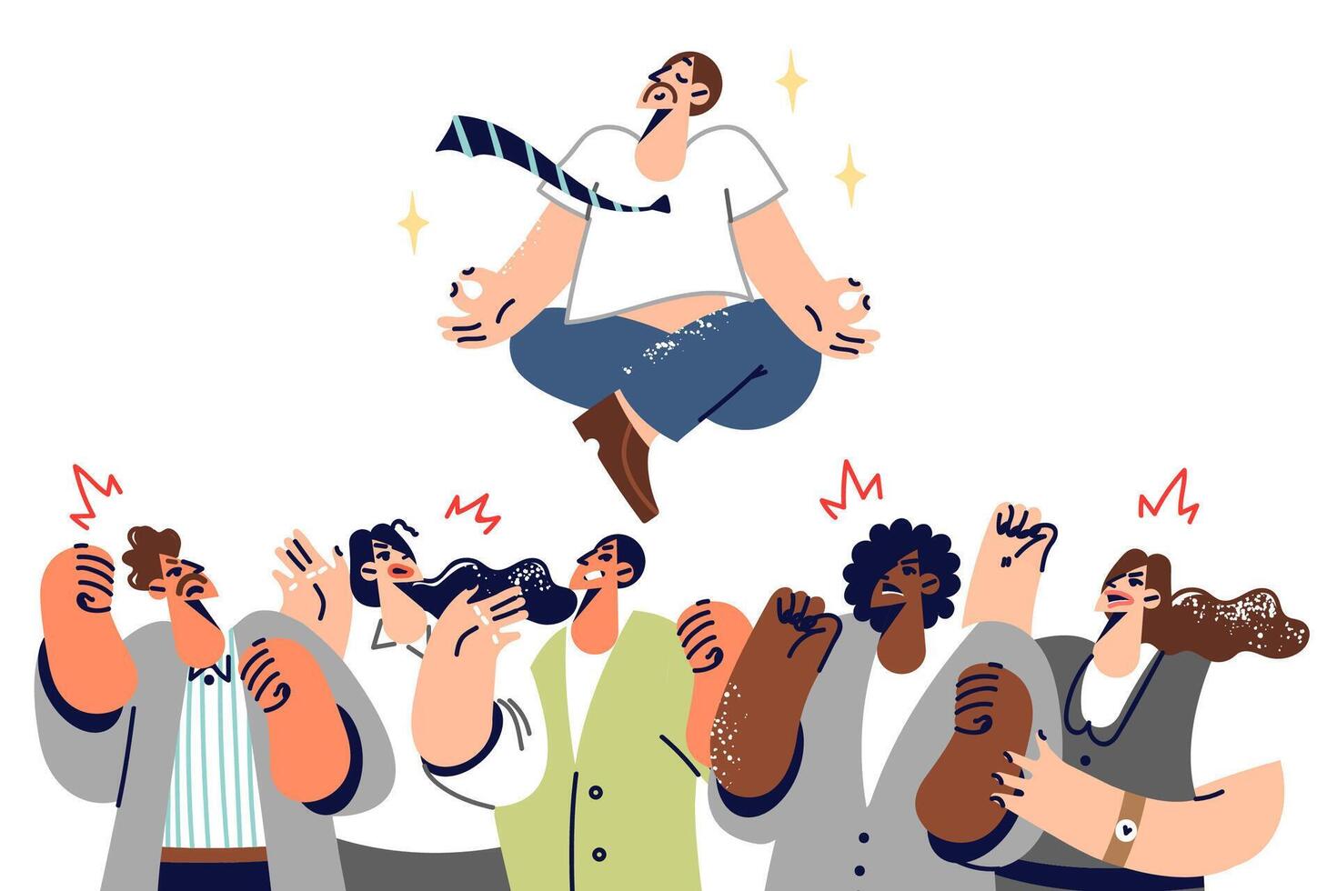 Man practicing yoga out for calmness among angry colleagues, levitating in lotus position vector