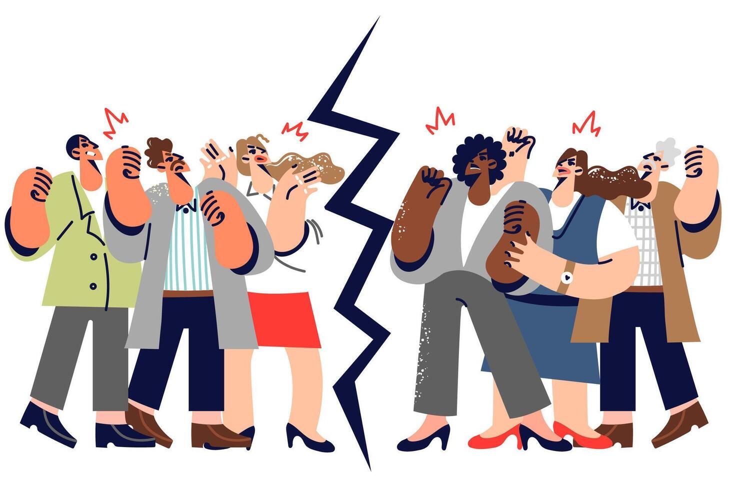 Disagreement in society with different groups of people standing on opposite sides of divide vector