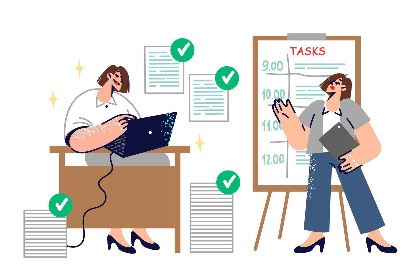 Women use time management system, scheduling on whiteboard to increase productivity in office work vector