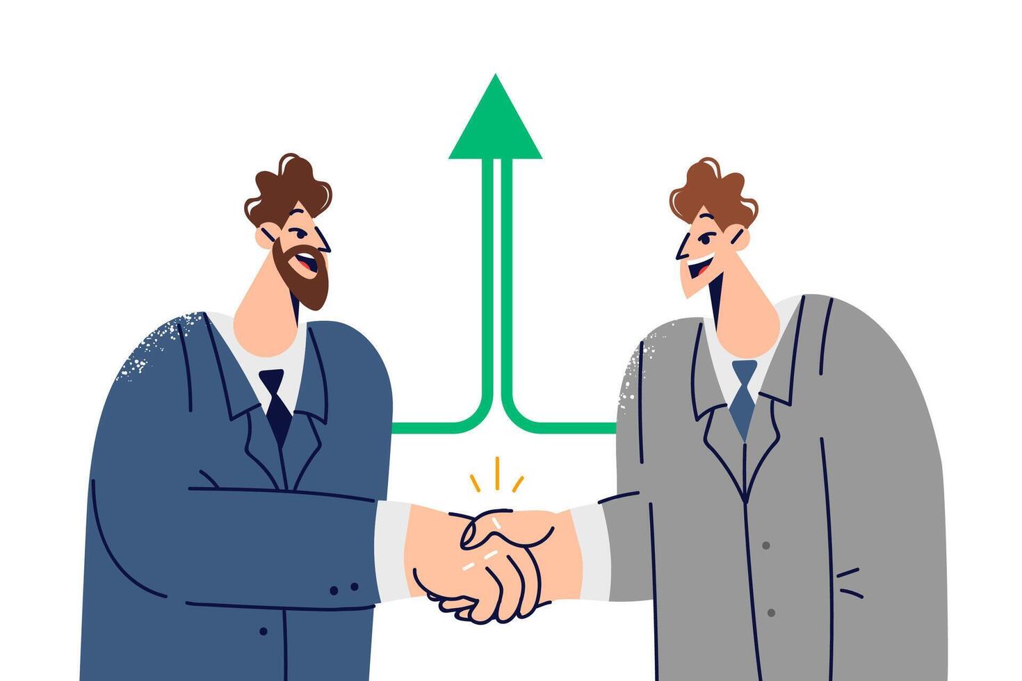 Handshake of business people agreeing on partnership and mutual assistance, standing near up arrow vector