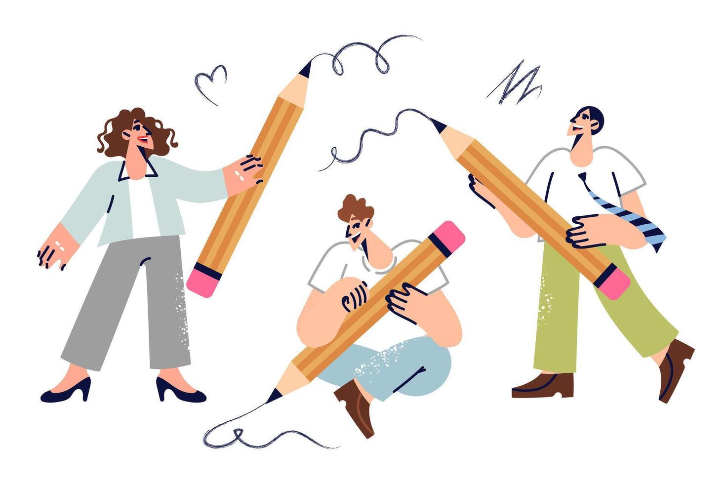 Creative people with big pencils draw abstract lines together, developing love for art vector