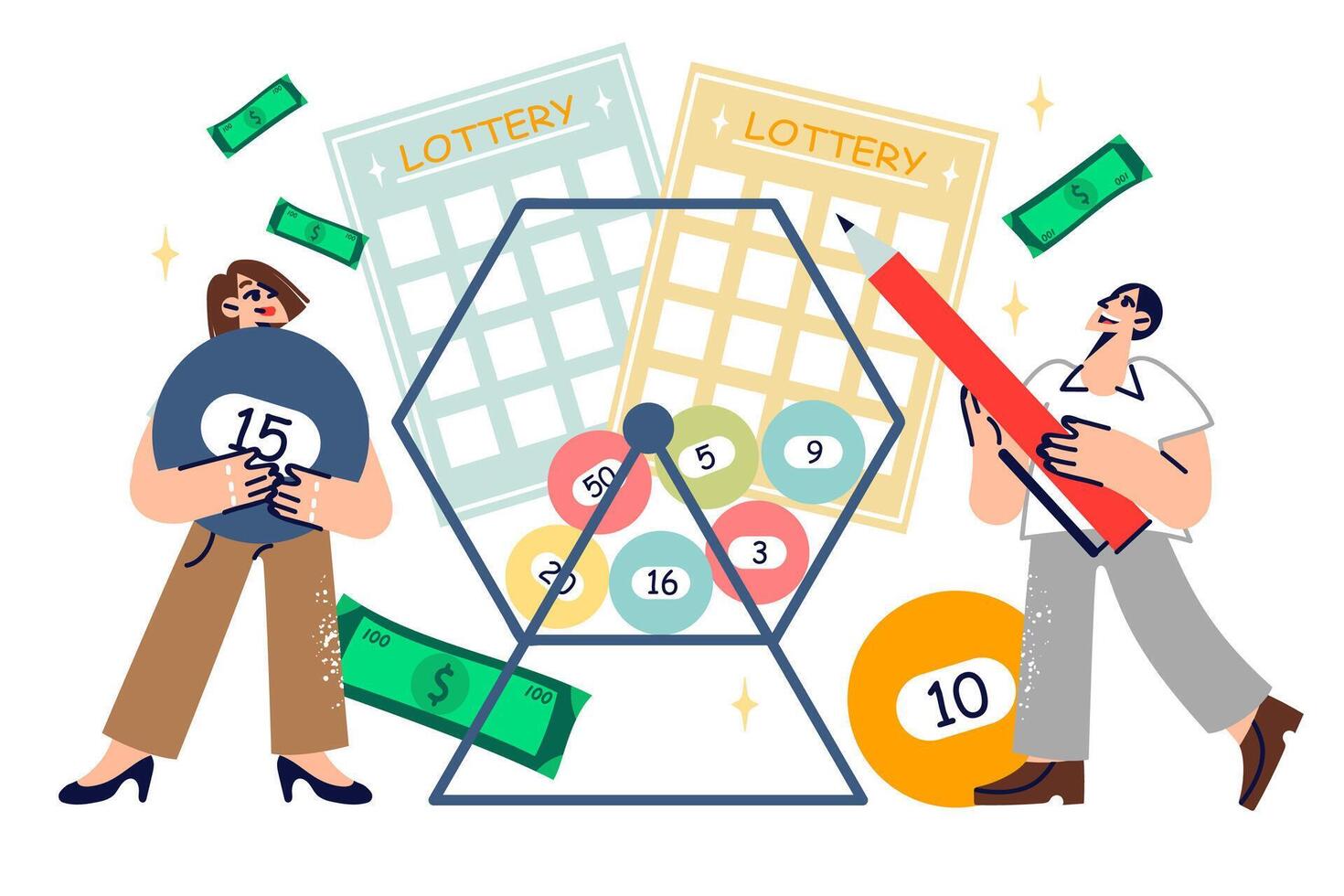 People play money lottery by pulling out balls with numbers and burning tickets, hoping for fortune vector
