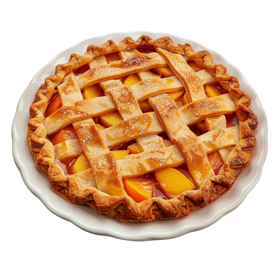 A Peach Pie on a White Plate on transparent background. png