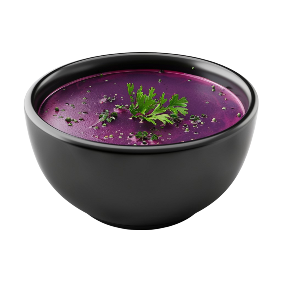 A Bowl of Purple Soup with Parsley on top on transparent background. png