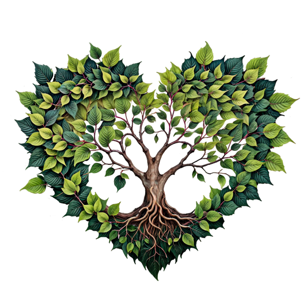 Tree with roots and leaves forming a heart shape png