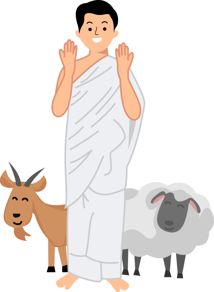 muslim man using ihram clothes raising two hand greeting happy eid al adha with illustration of goat and sheep sacrified png