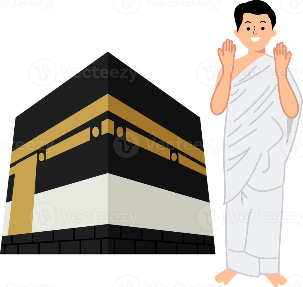 muslim man using ihram clothes raising two hand for praying with kaaba background png