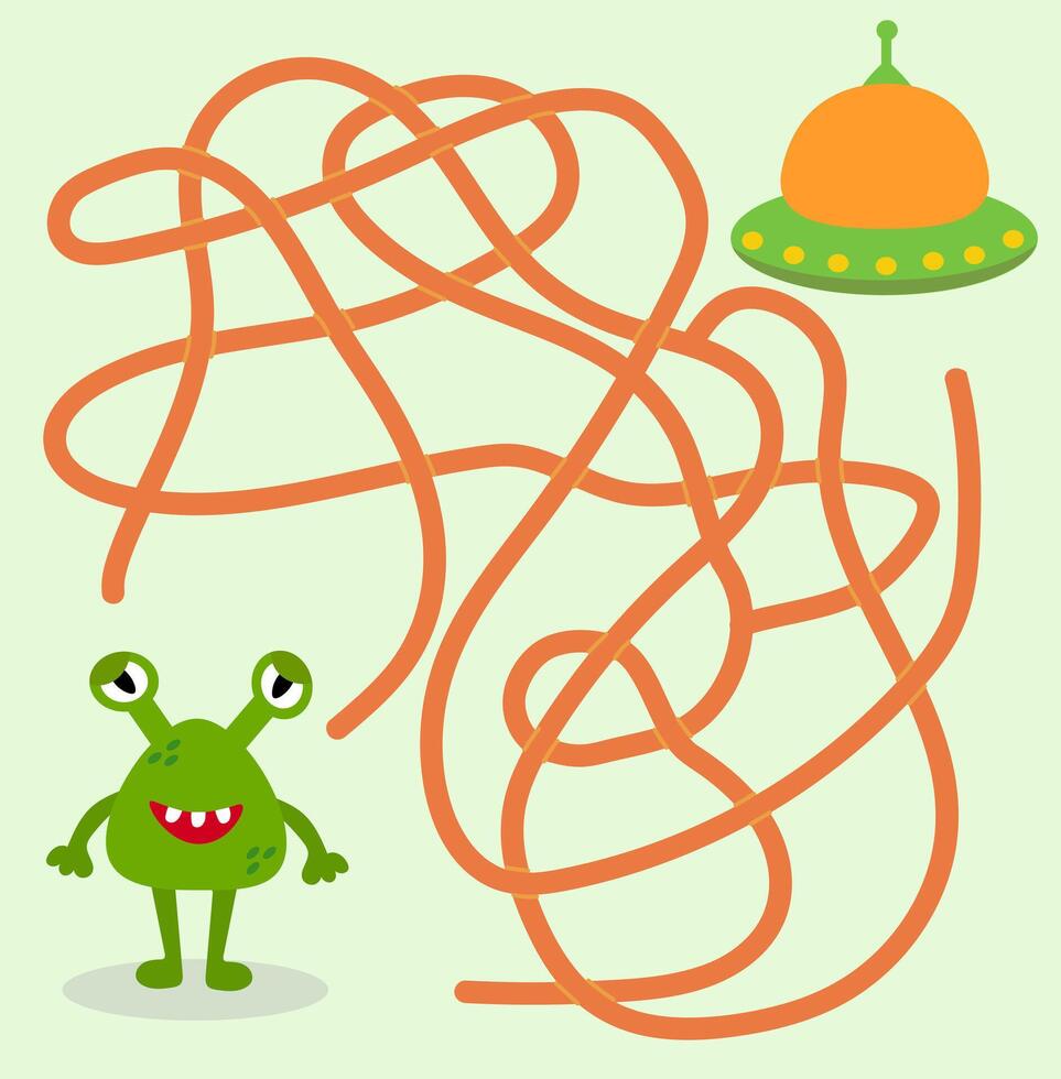 Help cute alien monster find path to UFO spaceship. Labyrinth. Maze game for kids. Messy line children logic game. Confusing path lines illustration. vector