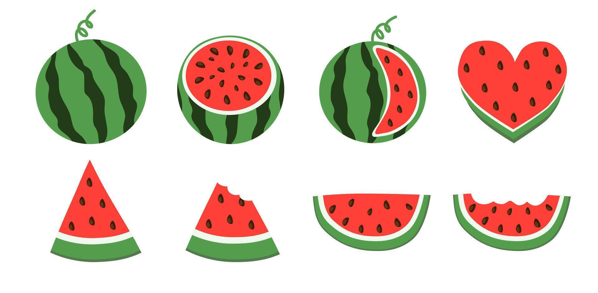 Watermelon set. Whole and cut slice, dissected, bitten, in shape of heart. Flat collection illustration. vector