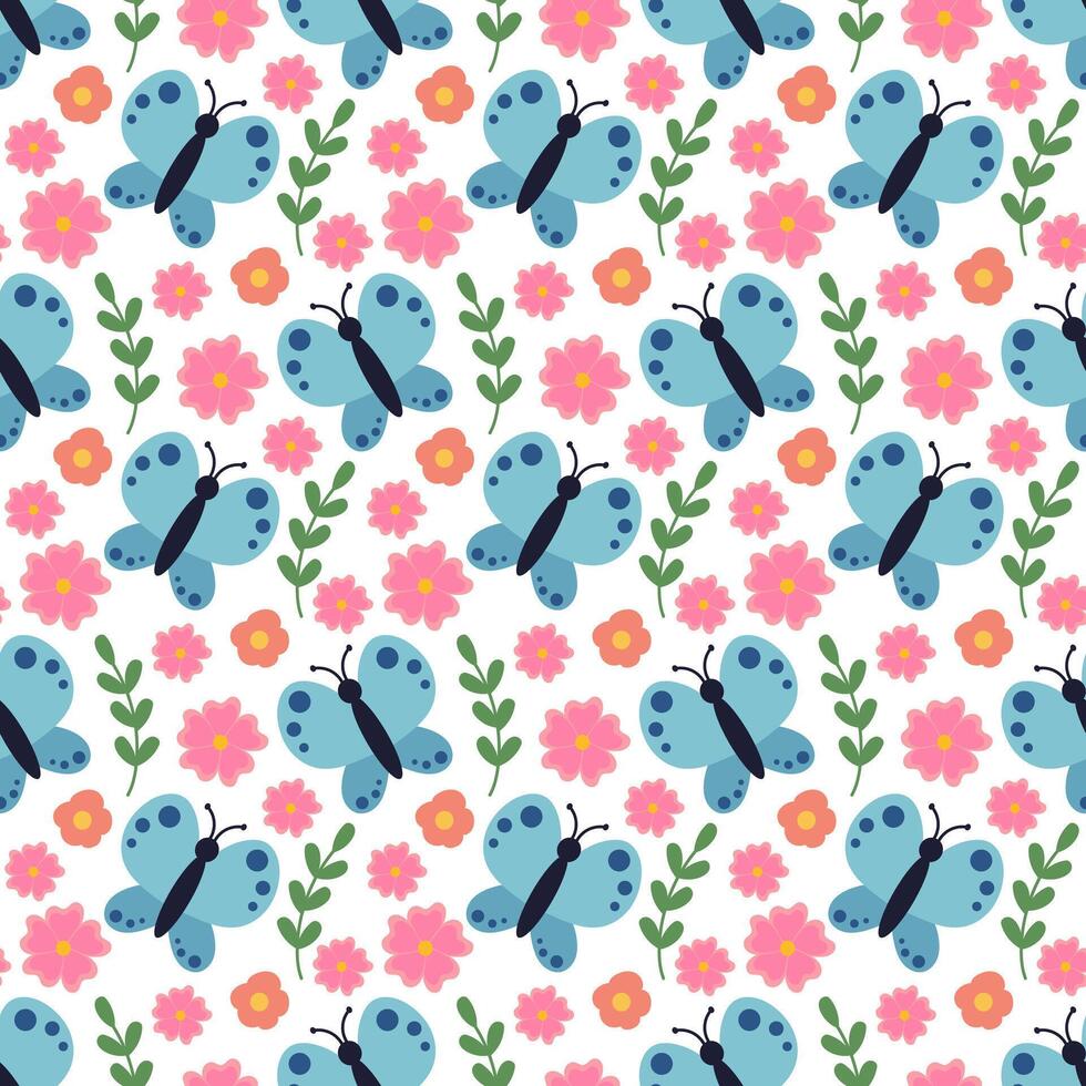 Cute and cozy Seamless Pattern with butterfly, branches and flowers. Children background. Spring or summer flora and fauna. flat illustration. vector