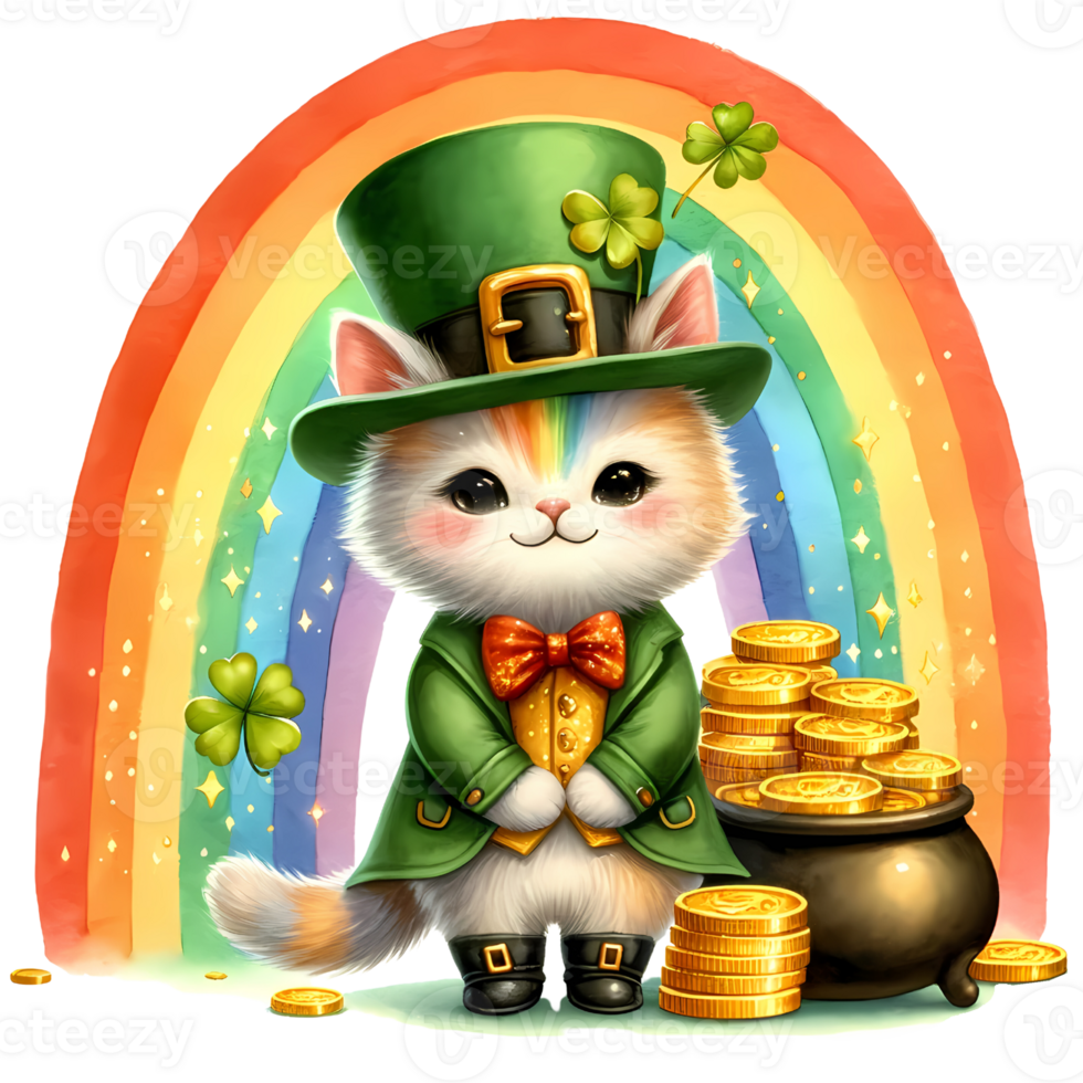 Adorable cat dressed as a leprechaun with a pot of gold and a rainbow in the background, celebrating St. Patrick's Day. png