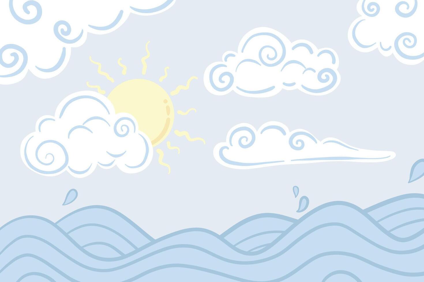Sky background with sun clouds and waves in pastel colors. vector