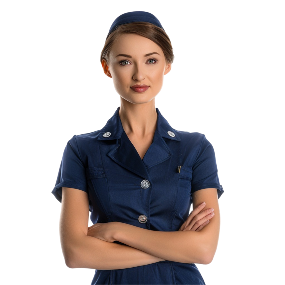 A beautiful woman in a blue uniform on transparent background. png