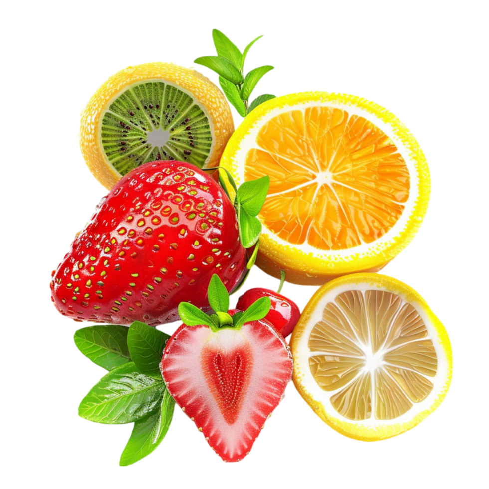 Fresh fruit, including strawberries, oranges, kiwi, lemon, and kiwi, on transparent background. png