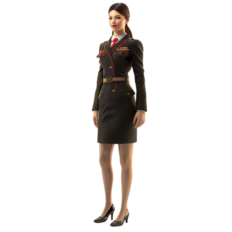 A woman in a military uniform standing with her hands on her hips on transparent background. png