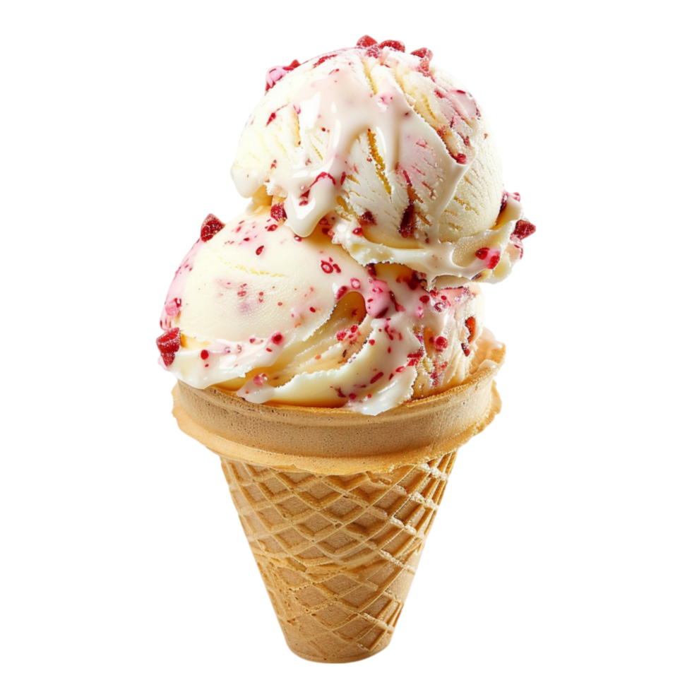 Ice cream in a cone with red and white sprinkles on transparent background. png