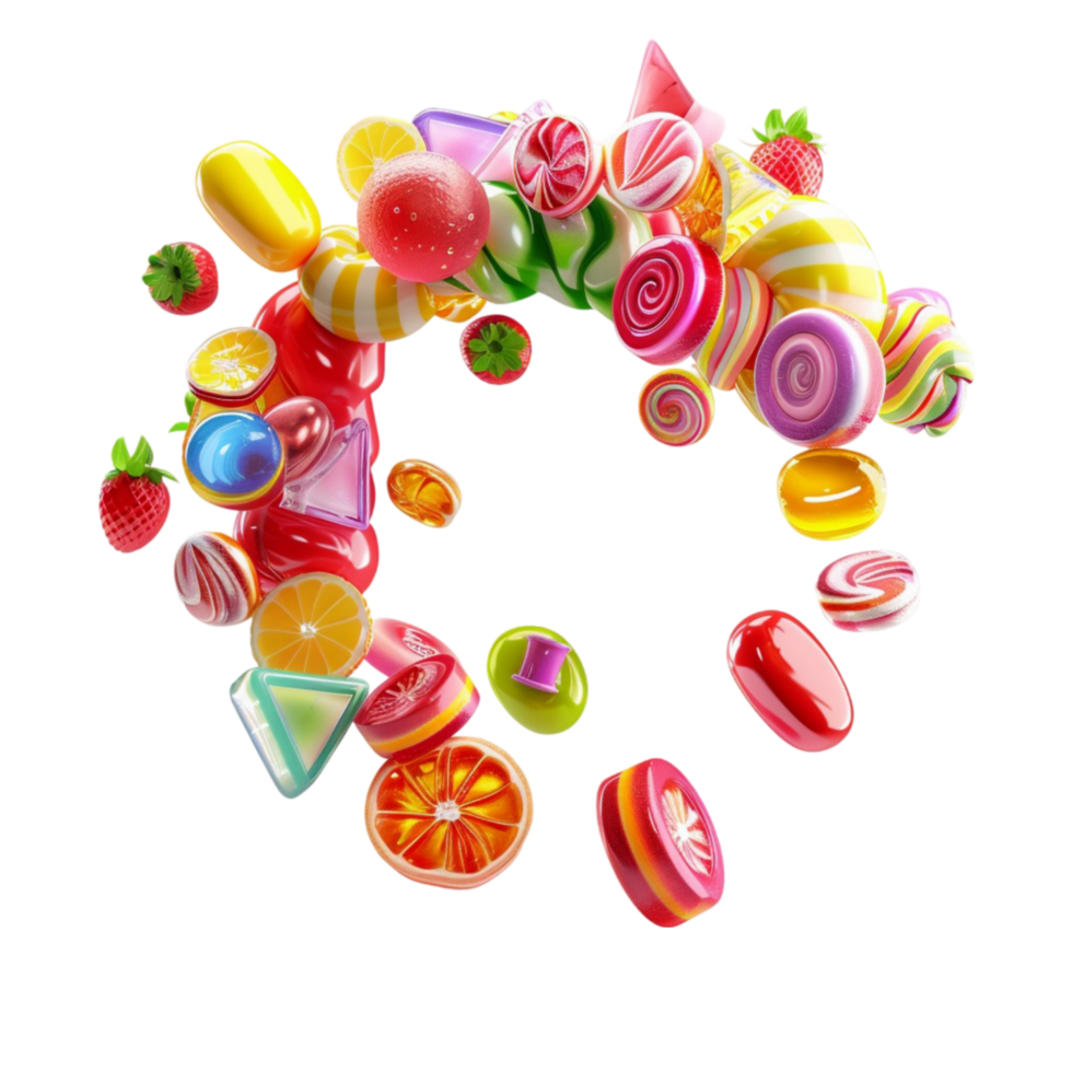 Candy and fruit in the shape of a circle on transparent background. png