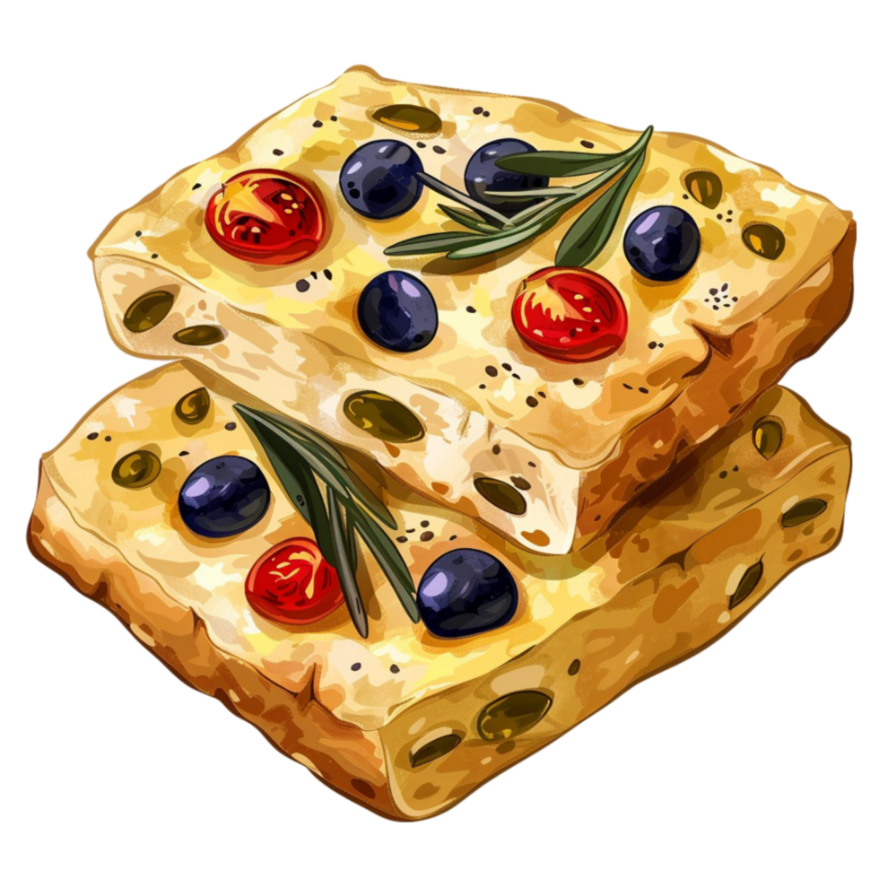 A piece of bread with olives and tomatoes on it on transparent background. png