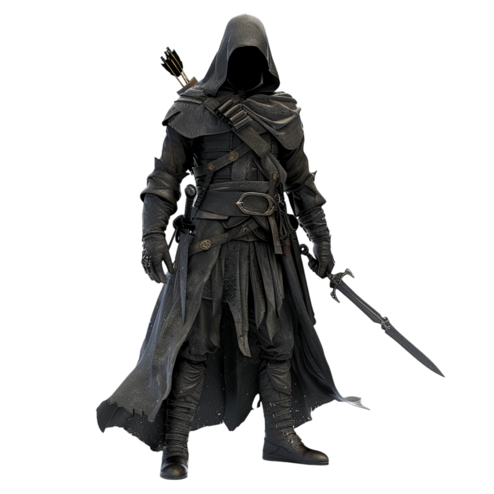 A man in a hooded cloak with a sword on transparent background. png