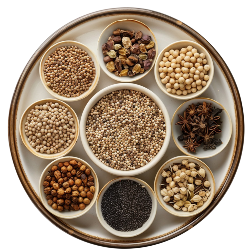 A plate with different types of spices and seeds on transparent background. png