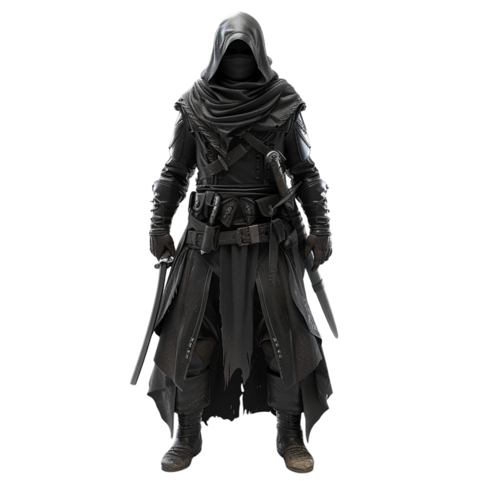 The assassin is standing with his hood up and his sword in his hand on transparent background. png