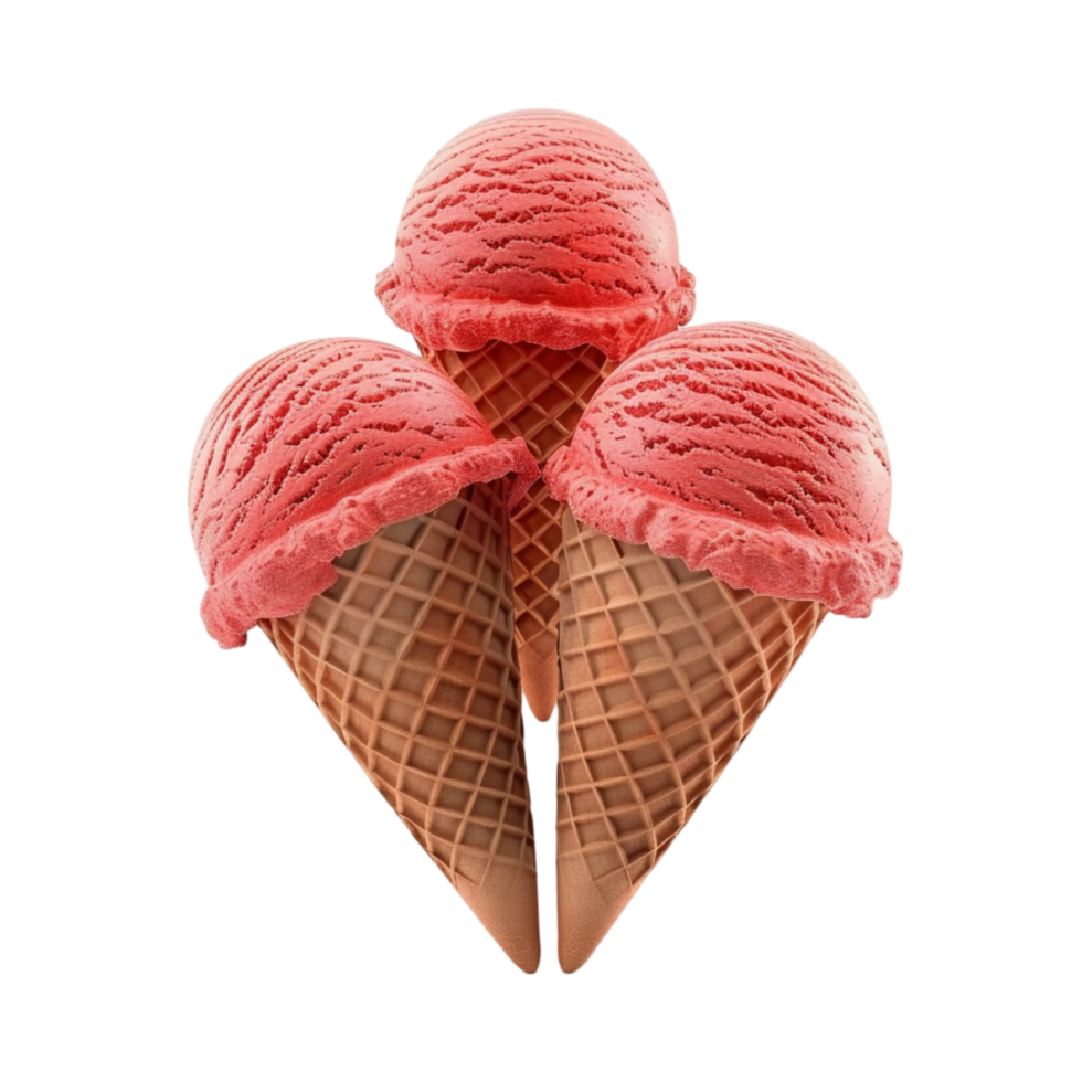 Three ice cream cones with pink ice cream on top on transparent background. png