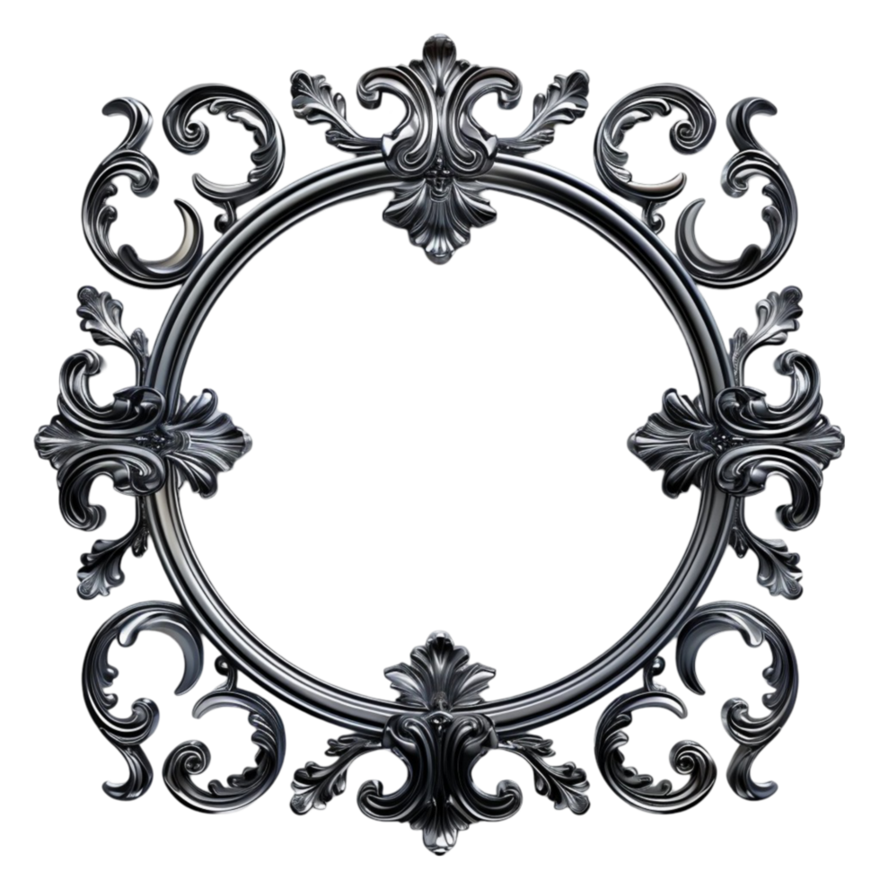 A black and white ornate frame with a circular design on transparent background. png