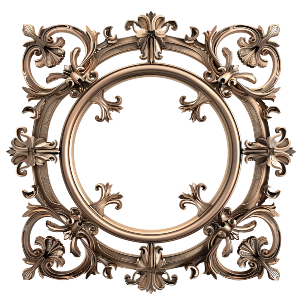 Golden frame with ornate design on transparent background. png