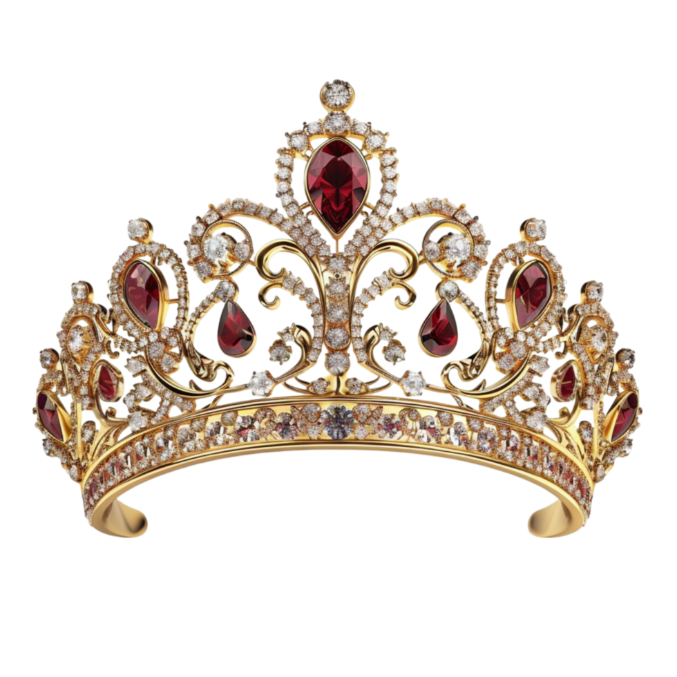 Golden crown with red stones on it on transparent background. png