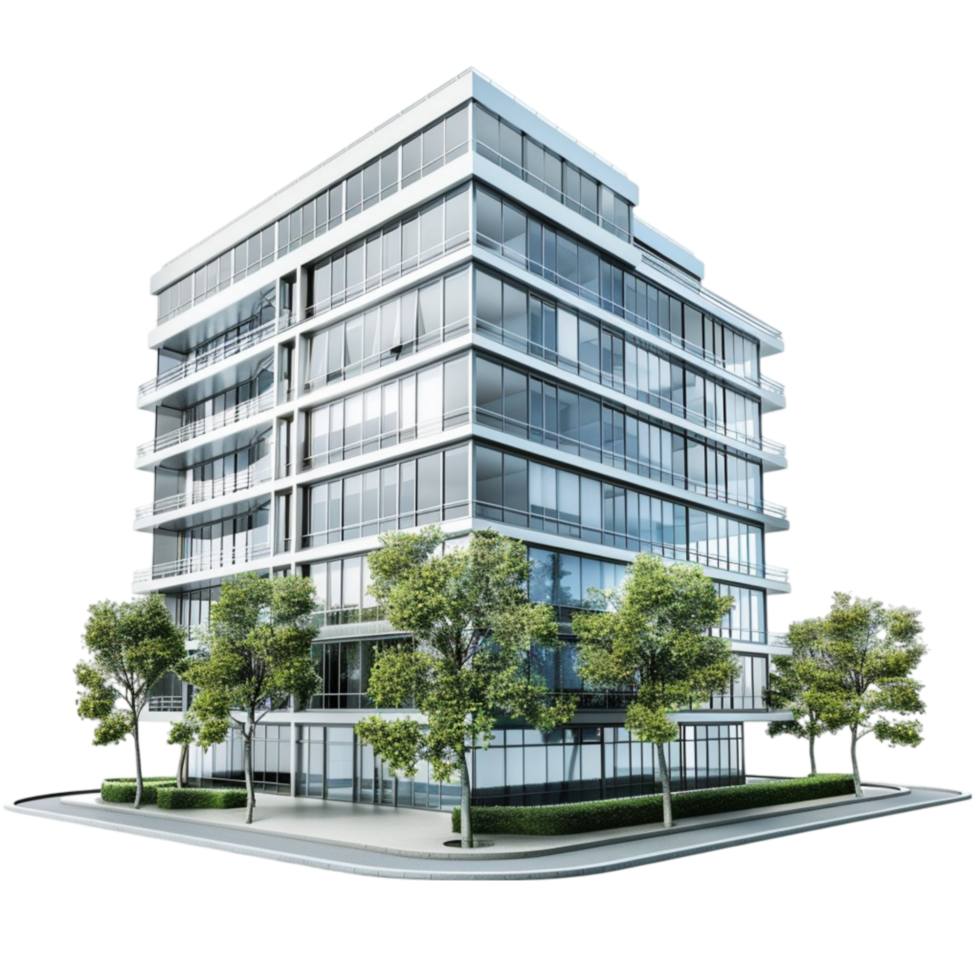 Modern office building with trees and trees on the side on transparent background. png