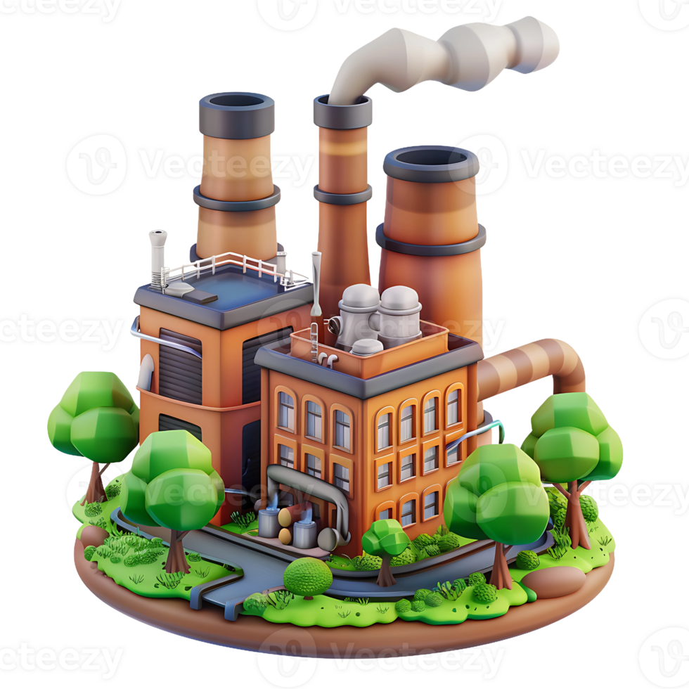 A 3D cartoon illustration of a factory with three smokestacks emitting smoke. The factory is surrounded by stylized trees and a road png