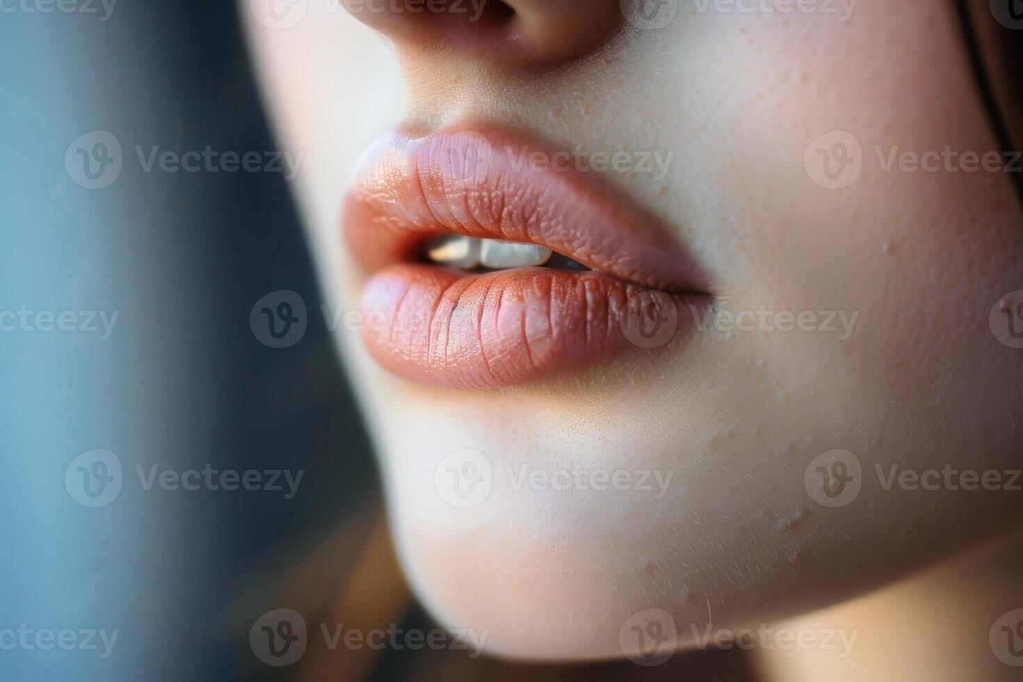 Close up of a womans lips with a hint of a smile showcasing sensuality and allure. AI generate photo