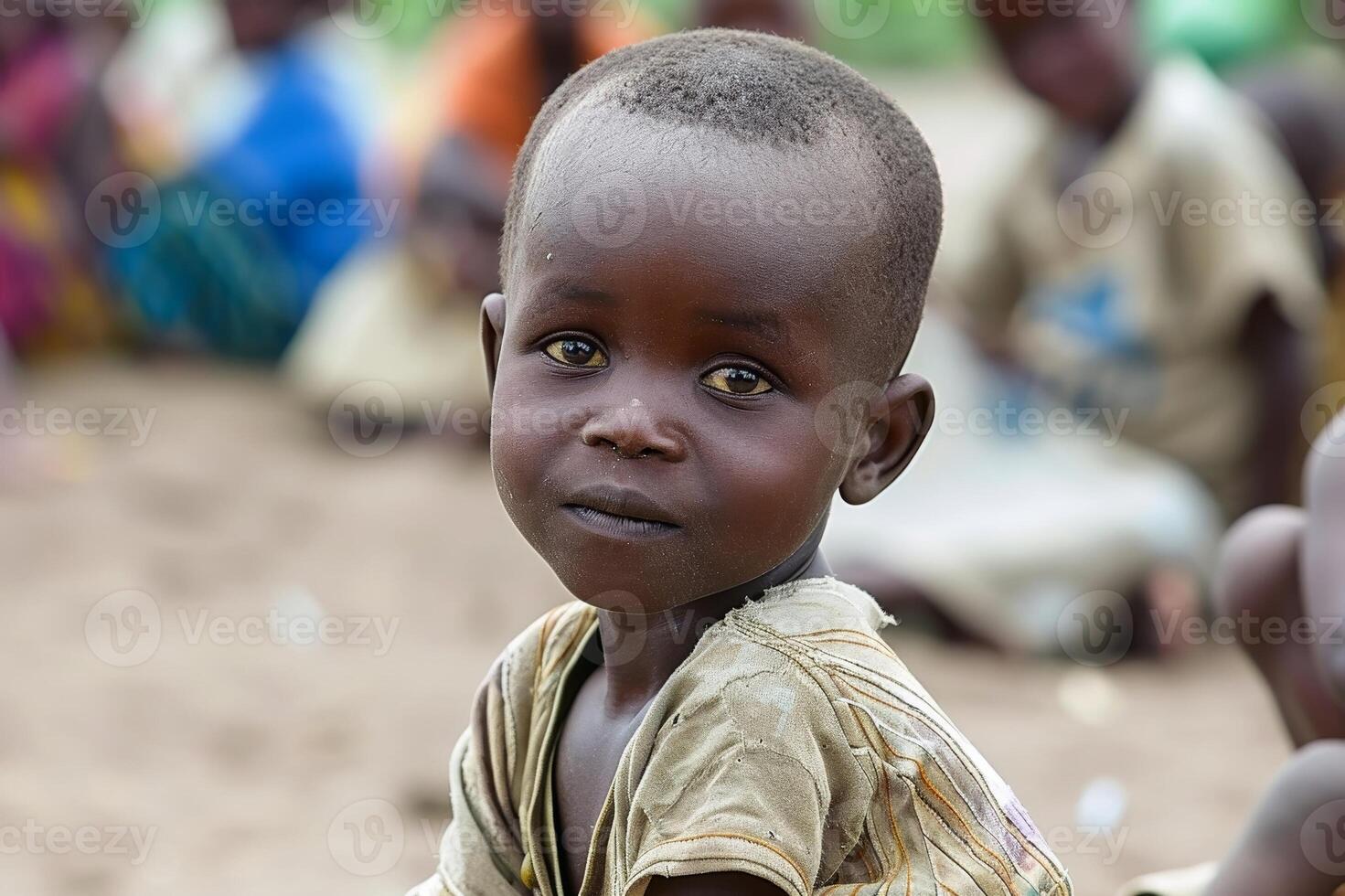 Fictitious depiction of a poor little boy looking into the camera. AI generate photo