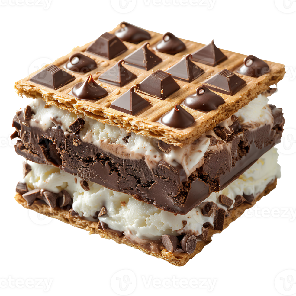 Chocolate ice cream sandwich . Chocolate dessert with waffle and chocolate pieces isolated. Ice cream sandwich . Summertime dessert png